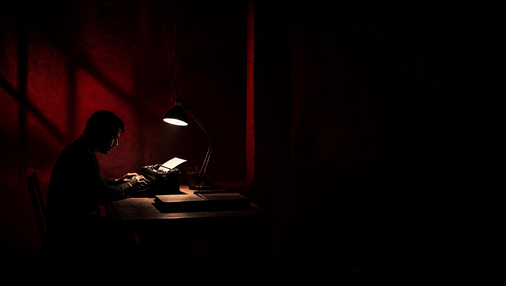 An editor at work by lamplight